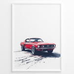 Indlæs billede til gallerivisning Framed poster of a red classic Ford Mustang on a white background with dynamic tire marks below.
