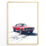 Indlæs billede til gallerivisning Framed poster of a red classic Ford Mustang on a white background with dynamic tire marks below.
