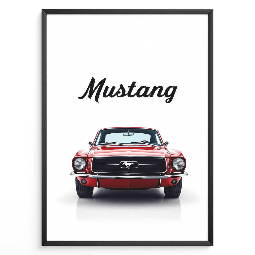 Framed poster of a red classic Ford Mustang front view with the word “Mustang” written above.
