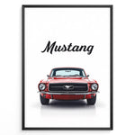 Indlæs billede til gallerivisning Framed poster of a red classic Ford Mustang front view with the word “Mustang” written above.
