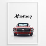 Indlæs billede til gallerivisning Framed poster of a red classic Ford Mustang front view with the word “Mustang” written above.
