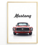 Indlæs billede til gallerivisning Framed poster of a red classic Ford Mustang front view with the word “Mustang” written above.
