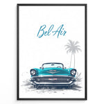 Indlæs billede til gallerivisning Framed poster of a turquoise Chevrolet Bel Air front view with “Bel Air” text and palm trees in the background.

