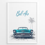 Indlæs billede til gallerivisning Framed poster of a turquoise Chevrolet Bel Air front view with “Bel Air” text and palm trees in the background.
