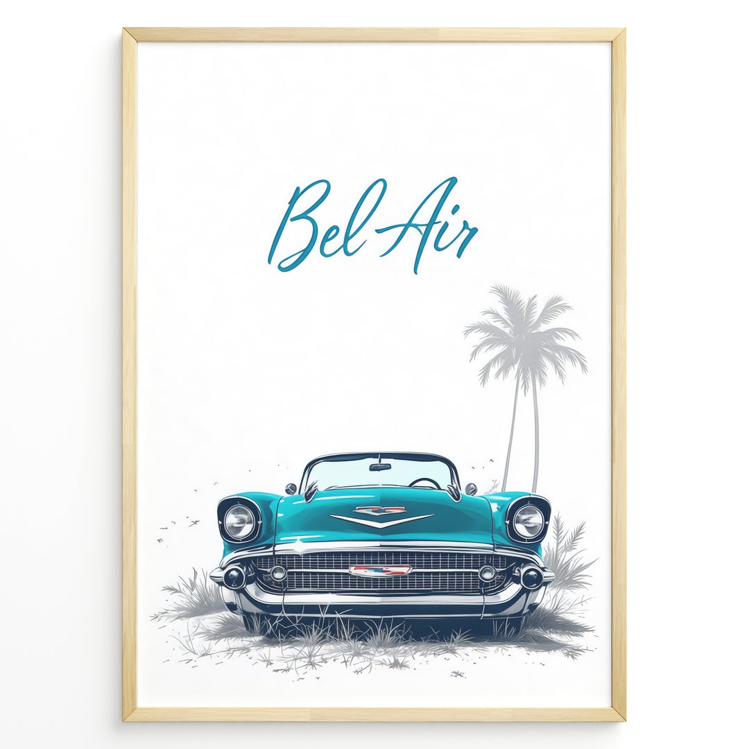 Framed poster of a turquoise Chevrolet Bel Air front view with “Bel Air” text and palm trees in the background.