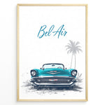 Indlæs billede til gallerivisning Framed poster of a turquoise Chevrolet Bel Air front view with “Bel Air” text and palm trees in the background.

