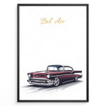 Indlæs billede til gallerivisning Framed poster of a red Chevrolet Bel Air classic car with “Bel Air” text in gold on a white background.
