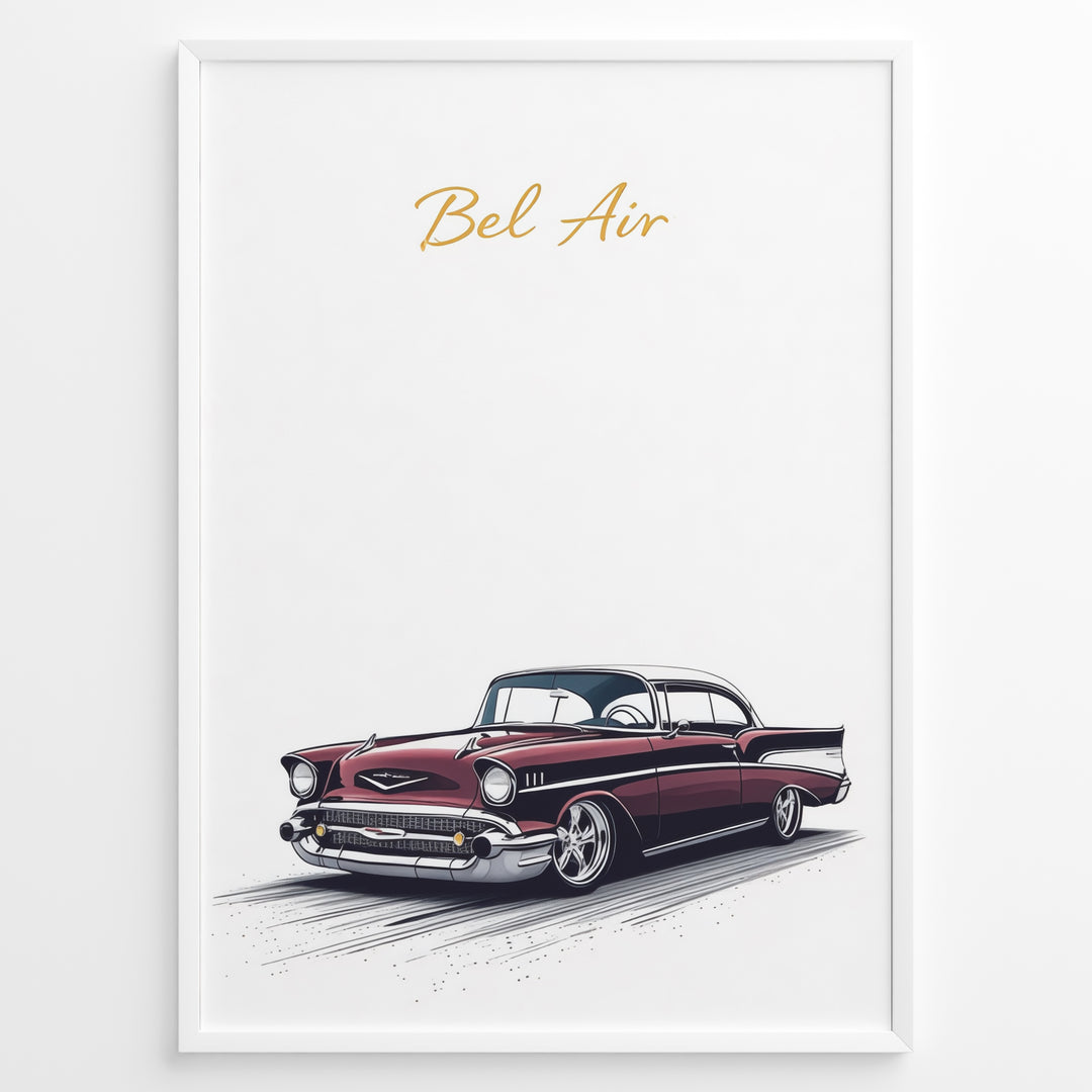 Framed poster of a red Chevrolet Bel Air classic car with “Bel Air” text in gold on a white background.