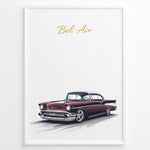 Indlæs billede til gallerivisning Framed poster of a red Chevrolet Bel Air classic car with “Bel Air” text in gold on a white background.
