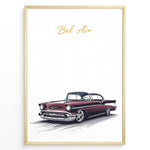 Indlæs billede til gallerivisning Framed poster of a red Chevrolet Bel Air classic car with “Bel Air” text in gold on a white background.
