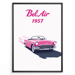 Indlæs billede til gallerivisning Framed poster of a pink 1957 Chevrolet Bel Air convertible with “Bel Air 1957” text in bold pink font.
