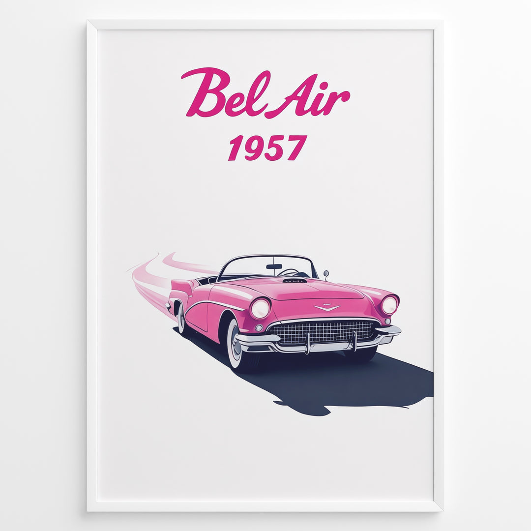 Framed poster of a pink 1957 Chevrolet Bel Air convertible with “Bel Air 1957” text in bold pink font.