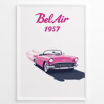 Indlæs billede til gallerivisning Framed poster of a pink 1957 Chevrolet Bel Air convertible with “Bel Air 1957” text in bold pink font.
