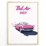 Indlæs billede til gallerivisning Framed poster of a pink 1957 Chevrolet Bel Air convertible with “Bel Air 1957” text in bold pink font.
