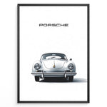 Indlæs billede til gallerivisning Framed minimalist poster of a silver Porsche 356 classic car viewed from the front with “Porsche” text above.
