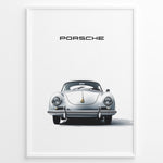 Indlæs billede til gallerivisning Framed minimalist poster of a silver Porsche 356 classic car viewed from the front with “Porsche” text above.
