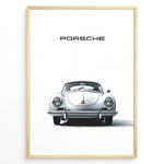 Indlæs billede til gallerivisning Framed minimalist poster of a silver Porsche 356 classic car viewed from the front with “Porsche” text above.
