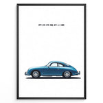 Indlæs billede til gallerivisning Framed minimalist poster of a blue Porsche 356 classic car side view with “Porsche” text above.
