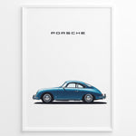 Indlæs billede til gallerivisning Framed minimalist poster of a blue Porsche 356 classic car side view with “Porsche” text above.

