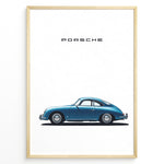 Indlæs billede til gallerivisning Framed minimalist poster of a blue Porsche 356 classic car side view with “Porsche” text above.

