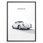 Indlæs billede til gallerivisning Framed minimalist poster of a white Porsche 356 classic car angled from the front with “Porsche” text above.
