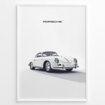 Indlæs billede til gallerivisning Framed minimalist poster of a white Porsche 356 classic car angled from the front with “Porsche” text above.
