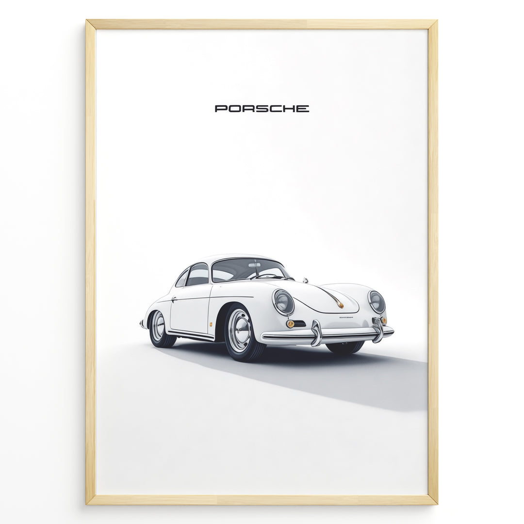Framed minimalist poster of a white Porsche 356 classic car angled from the front with “Porsche” text above.