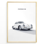 Indlæs billede til gallerivisning Framed minimalist poster of a white Porsche 356 classic car angled from the front with “Porsche” text above.
