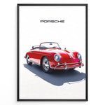 Indlæs billede til gallerivisning Framed minimalist poster of a red Porsche 356 Speedster convertible with “Porsche” text above.
