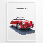 Indlæs billede til gallerivisning Framed minimalist poster of a red Porsche 356 Speedster convertible with “Porsche” text above.
