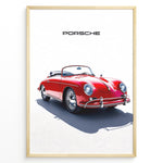 Indlæs billede til gallerivisning Framed minimalist poster of a red Porsche 356 Speedster convertible with “Porsche” text above.

