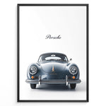 Indlæs billede til gallerivisning Framed minimalist poster of a dark blue Porsche 356 classic car front view with “Porsche” text above.
