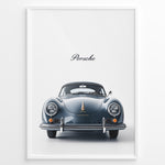 Indlæs billede til gallerivisning Framed minimalist poster of a dark blue Porsche 356 classic car front view with “Porsche” text above.
