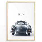 Indlæs billede til gallerivisning Framed minimalist poster of a dark blue Porsche 356 classic car front view with “Porsche” text above.
