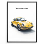 Indlæs billede til gallerivisning Framed minimalist poster of a yellow Porsche 911 classic sports car angled from the front with “Porsche” text above.
