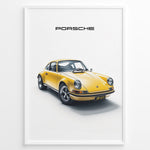 Indlæs billede til gallerivisning Framed minimalist poster of a yellow Porsche 911 classic sports car angled from the front with “Porsche” text above.
