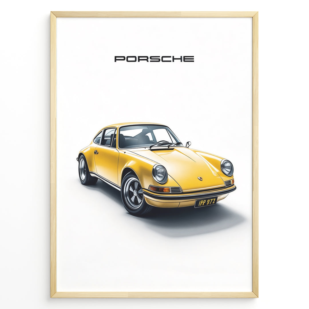 Framed minimalist poster of a yellow Porsche 911 classic sports car angled from the front with “Porsche” text above.