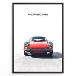 Indlæs billede til gallerivisning Framed minimalist poster of a red Porsche 911 classic car front view with “Porsche” text above.
