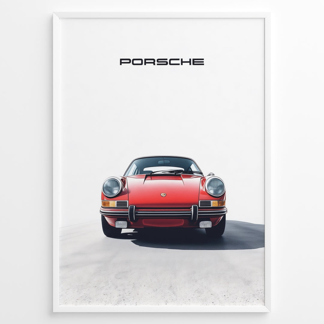 Framed minimalist poster of a red Porsche 911 classic car front view with “Porsche” text above.