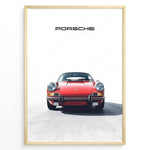 Indlæs billede til gallerivisning Framed minimalist poster of a red Porsche 911 classic car front view with “Porsche” text above.
