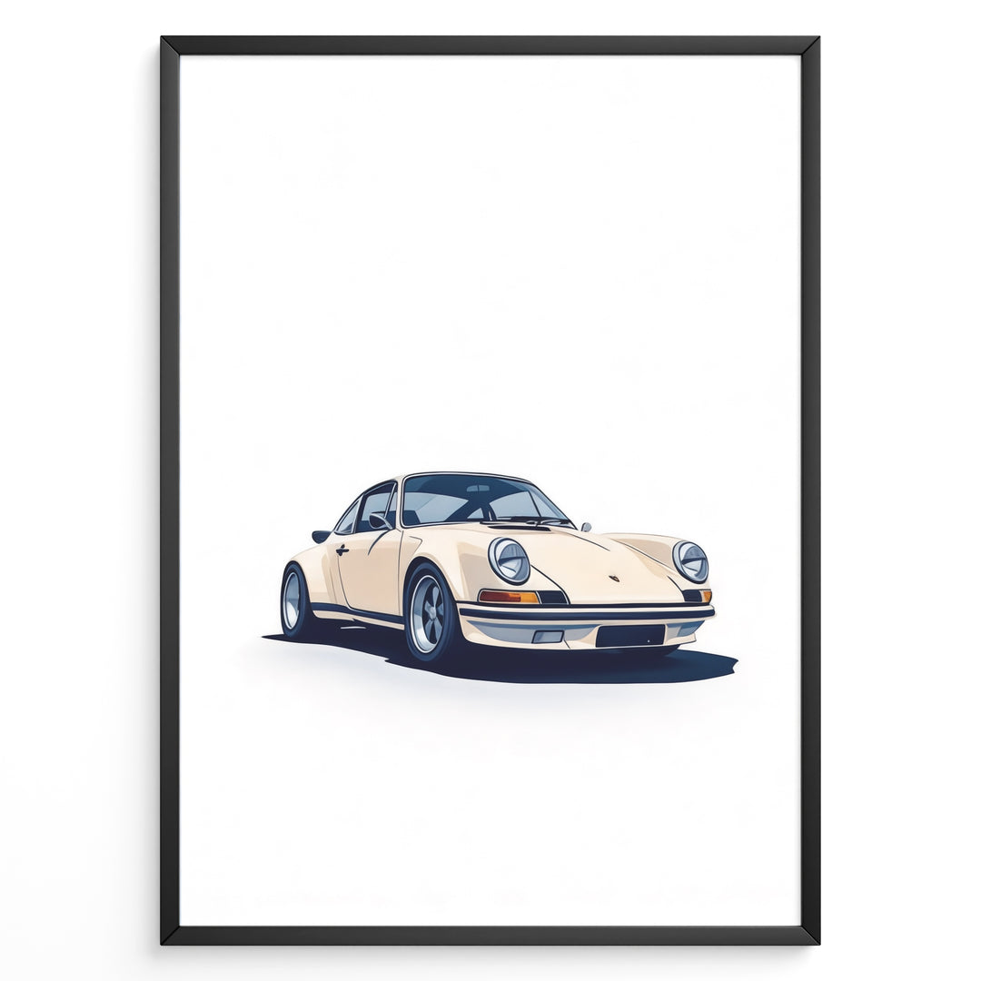 Framed minimalist poster of a cream Porsche 911 classic sports car angled from the front on a white background.
