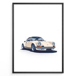 Indlæs billede til gallerivisning Framed minimalist poster of a cream Porsche 911 classic sports car angled from the front on a white background.
