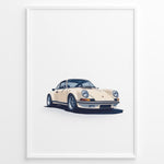 Indlæs billede til gallerivisning Framed minimalist poster of a cream Porsche 911 classic sports car angled from the front on a white background.
