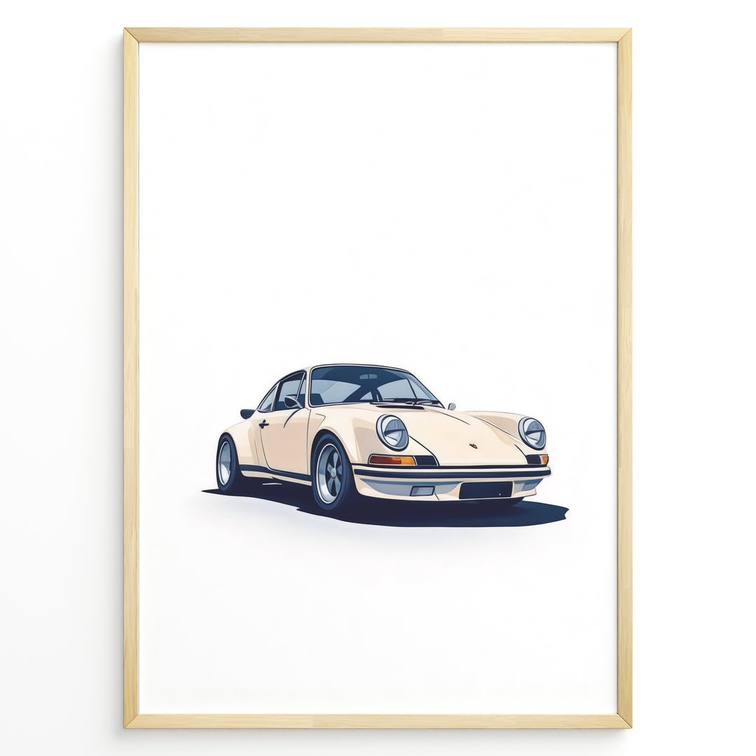 Framed minimalist poster of a cream Porsche 911 classic sports car angled from the front on a white background.