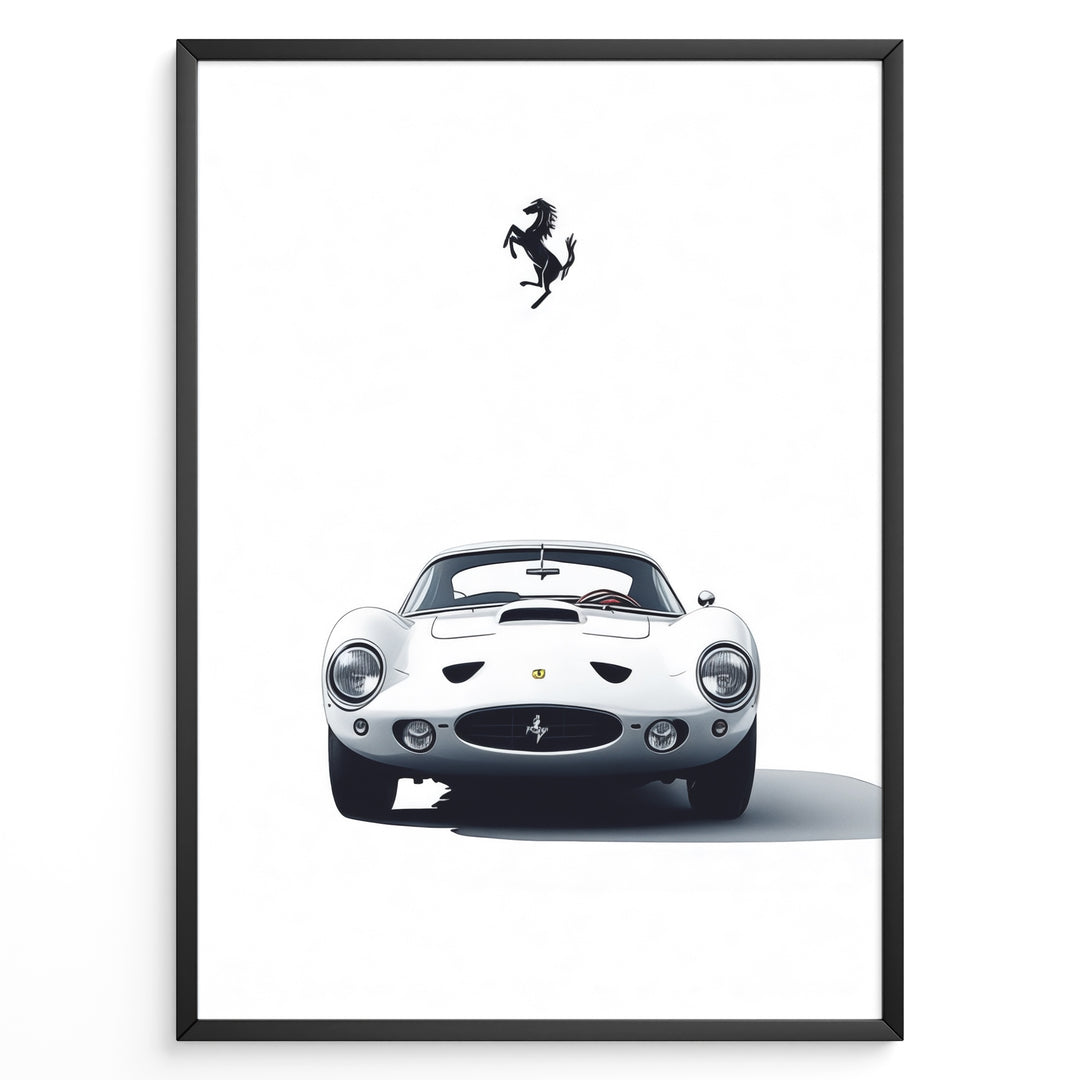 Framed minimalist poster of a white Ferrari 250 GTO classic car front view with Ferrari logo above.