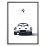 Indlæs billede til gallerivisning Framed minimalist poster of a white Ferrari 250 GTO classic car front view with Ferrari logo above.

