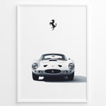 Indlæs billede til gallerivisning Framed minimalist poster of a white Ferrari 250 GTO classic car front view with Ferrari logo above.
