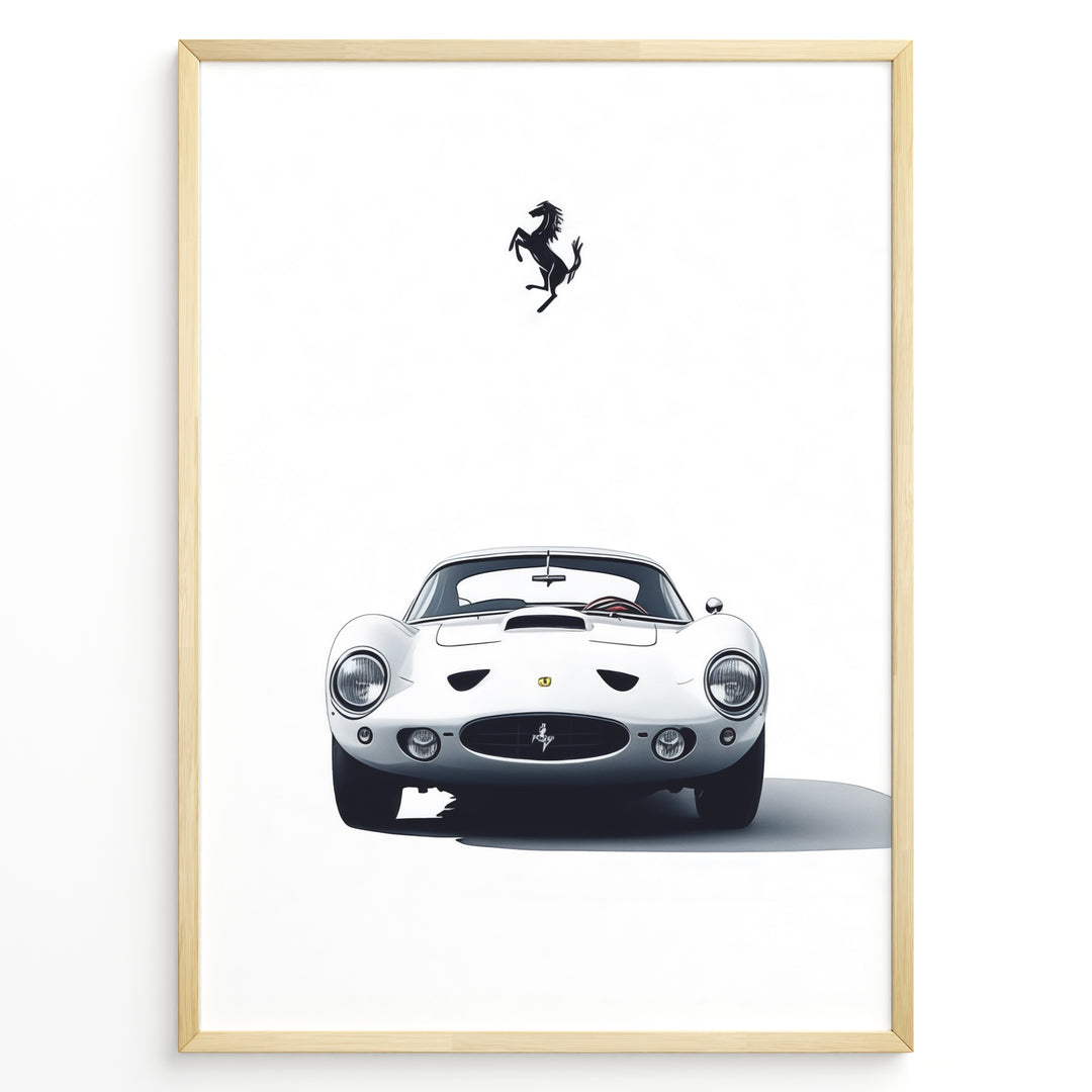 Framed minimalist poster of a white Ferrari 250 GTO classic car front view with Ferrari logo above.