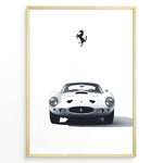 Indlæs billede til gallerivisning Framed minimalist poster of a white Ferrari 250 GTO classic car front view with Ferrari logo above.

