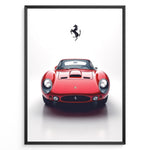 Indlæs billede til gallerivisning Framed minimalist poster of a red Ferrari 250 GTO classic car front view with black Ferrari logo above.
